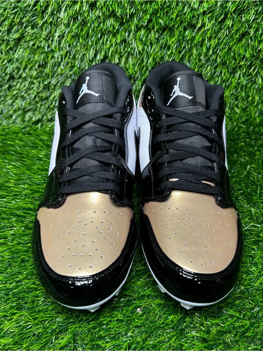 Size 13 - Mens Jordan 1 Low TD Football Cleats Patent Gold Toe - FJ6245-701